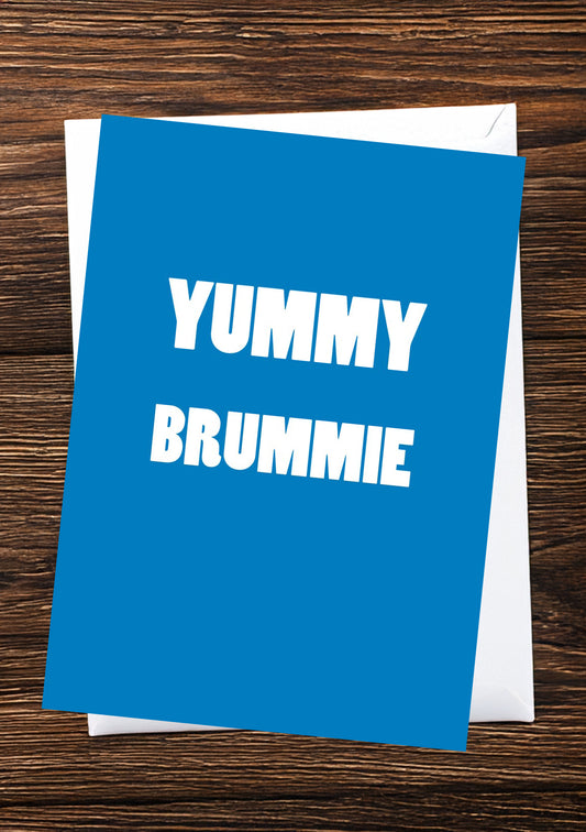 Yummy Brummie greetings card (blue)