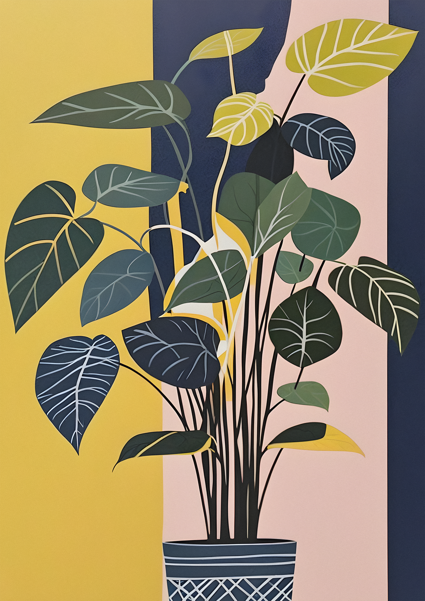 'House plants #1' - Contemporary Yellow, Blue, and Pink Wall Art