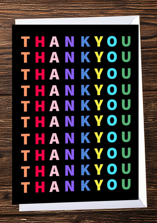 Thank you card with the rainbow lettering (black background)